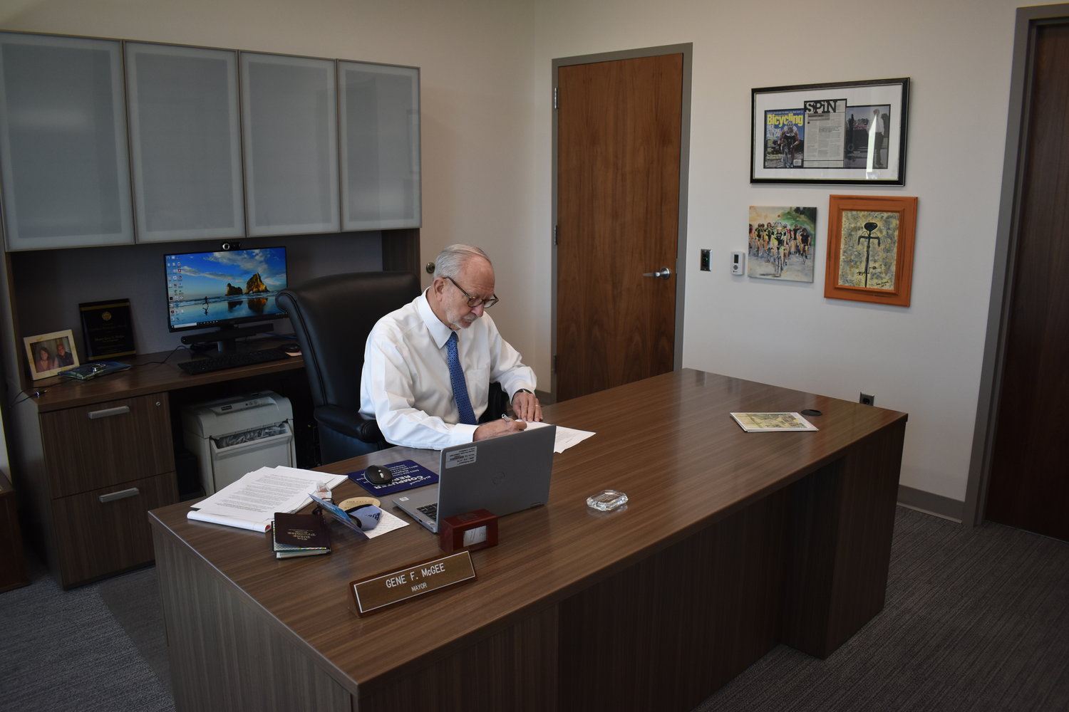 Mayor Gene F. McGee works in his office at the new Ridgeland City Hall.