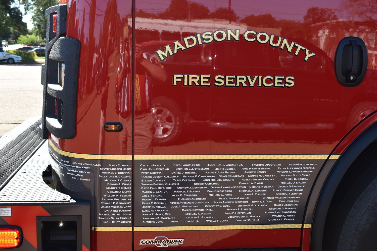 Madison County's new fire truck bears the names of New York City firefighters who were killed responding to the 9-11 terrorist attacks in New York City.