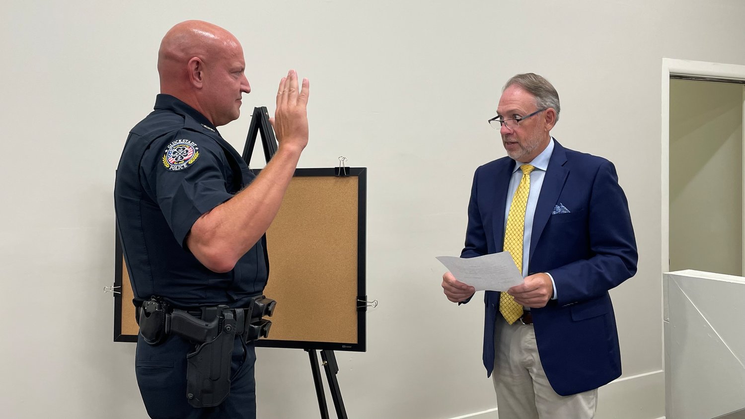 Officer John Ramsey was sworn in by Gluckstadt Mayor Walter Morrison on Tuesday night becoming the new city’s ninth police officer.