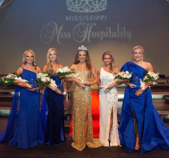 The top five contestants in the 2022 Miss Hospitality pageant pose at the end of the competition. Pictured, from left: Fourth Alternate Anna Kaitlyn Ashley, Second Alternate Aubree Dillon, 2022's Miss Hospitality Hannah Grace Crain, First Alternate Ellis Ann Jackson, and Third Alternate Katherine Bishop.