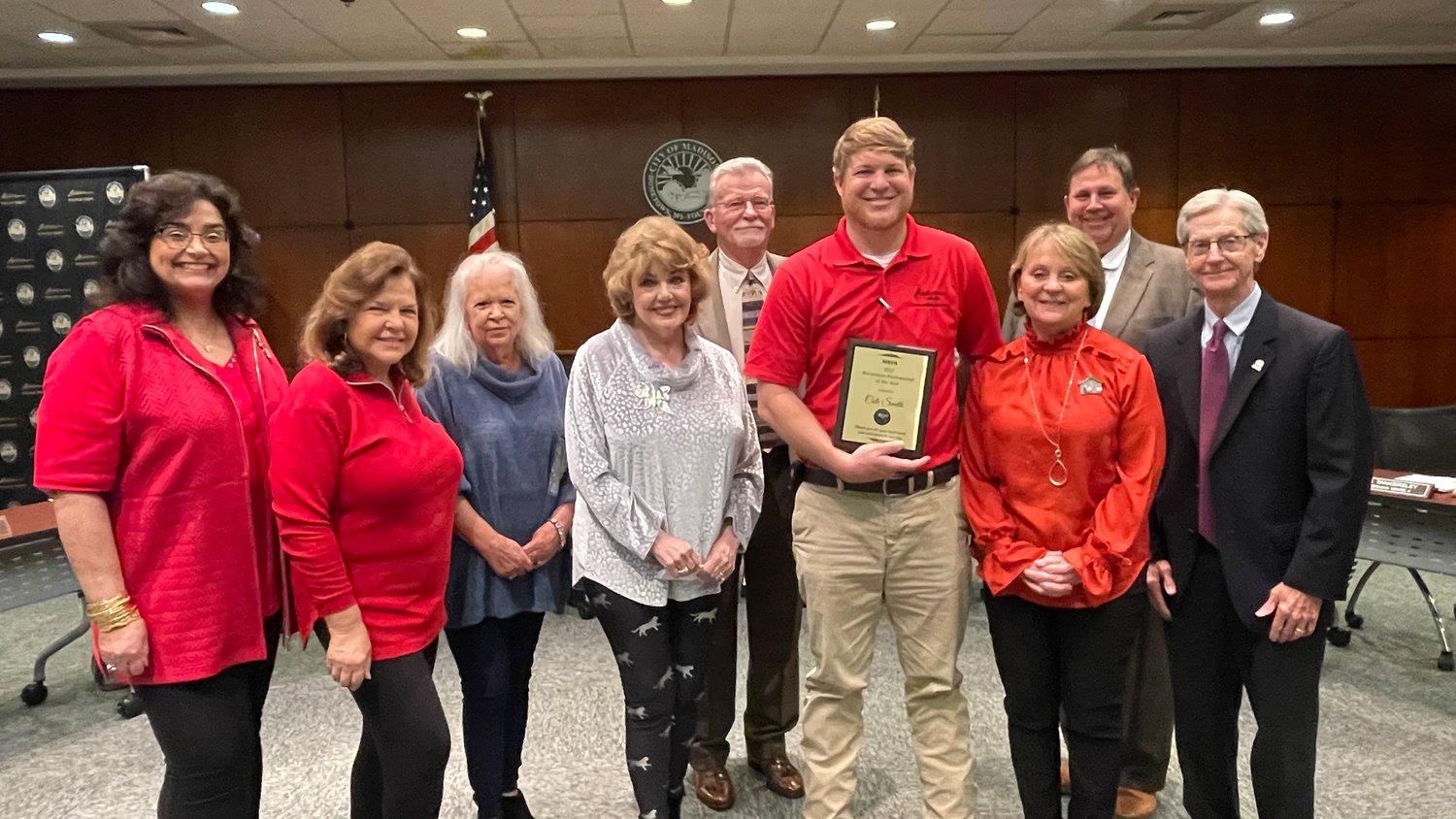City official Cole Smith received the 2022 MRPA Recreation Professional of the Year Award Tuesday night from the City of Madison. He is also the incoming president of the MRPA, and will be sworn in as president in October 2023. Pictured, from left: Alderman-at-Large Sandra Strain, Alderman Pat Peeler, Alderman Tawanna Tatum, Mayor Mary-Hawkins Butler, Alderman Paul Tankersley, Incoming MRPA President Cole Smith, Alderman Janie Jarvis, Alderman Mike Hudgins, and Alderman Guy Bowering.