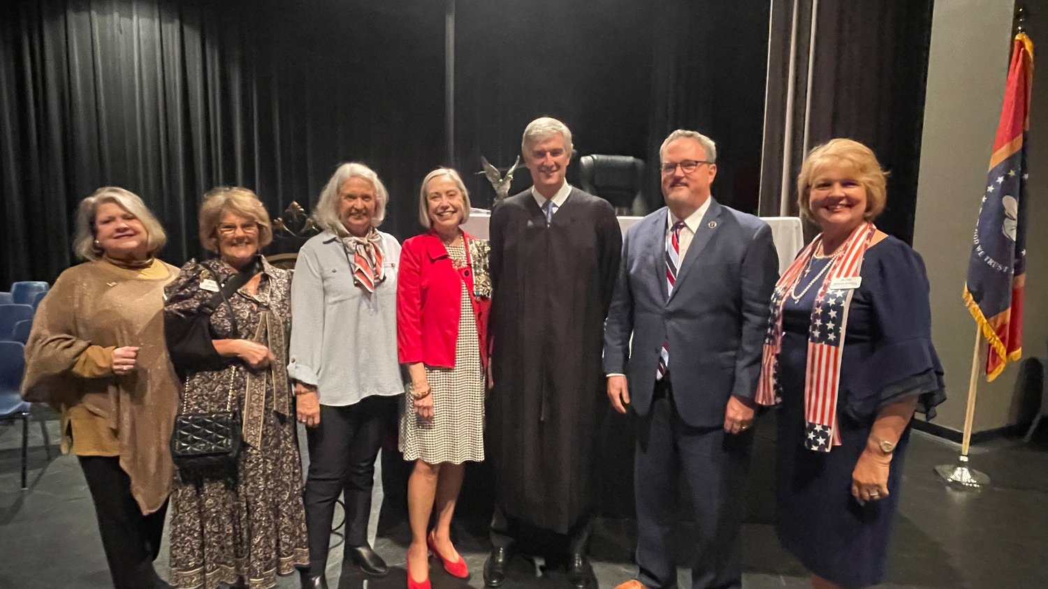 Members of the Madison chapter of the Daughters of the American Revolution stand with
U.S. District Judge Daniel P. Jordan and Clerk of Court Arthur Johnston III at the naturalization
ceremony held last week. Pictured, from left, Kathleen Schutze, Saundra Dewey,
Sally Patterson, Kay Ewing, Daniel P. Jordan III, Arthur Johnston III, and Donna Russell.
