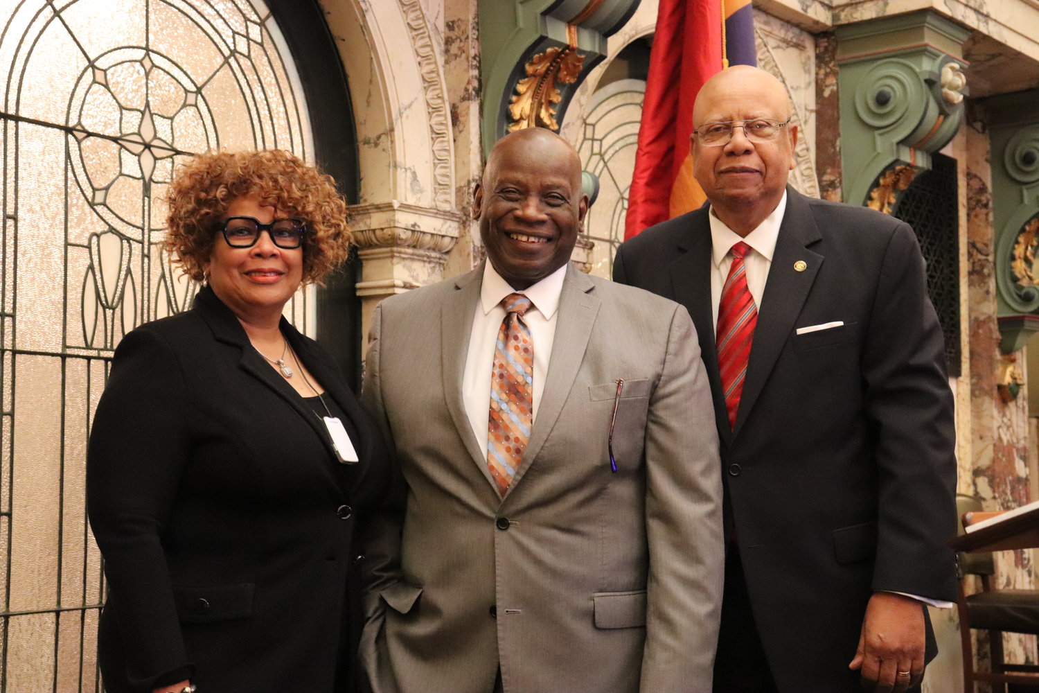 Senator Barbara Blackmon, left, and Senator Joseph Thomas, right, visited with Canton Mayor William Truly, center, at the Capitol on Monday, January 30, 2023, after a funding related meeting.