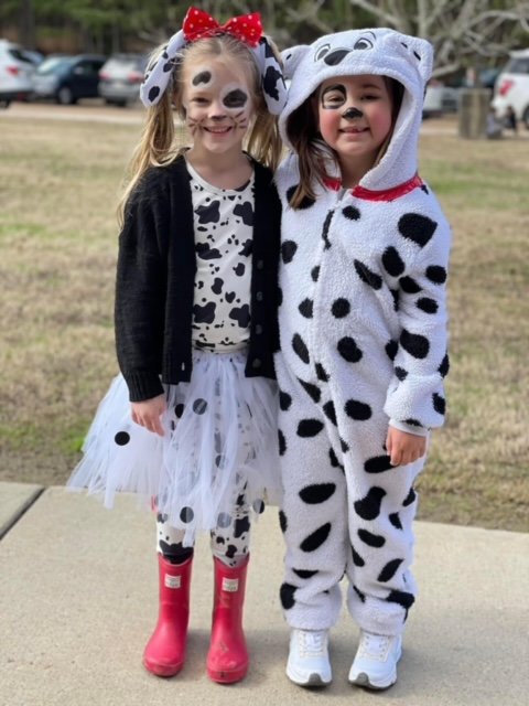MSE first graders Sophie Easterwood and Emmie Rosenblatt celebrated the 101st day in school by dressing up as 101 Dalmations, based on the Walt Disney Classic.