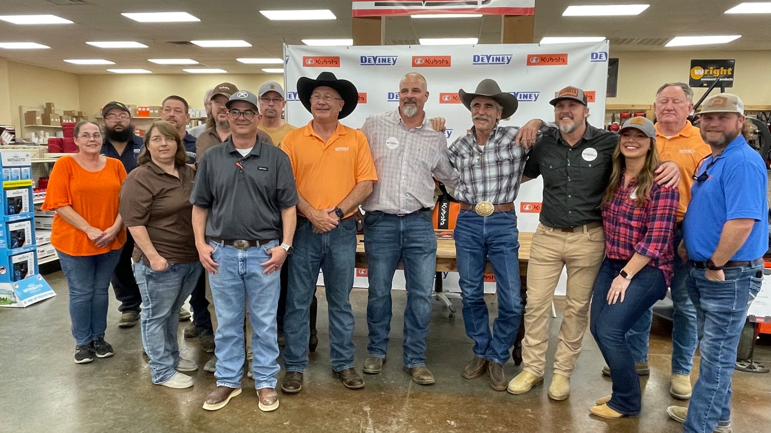 “Yellowstone” star Forrie Smith, fifth from right, visits with fans at Deviney Rental and Equipment in Gluckstadt last week before the Dixie National Rodeo.