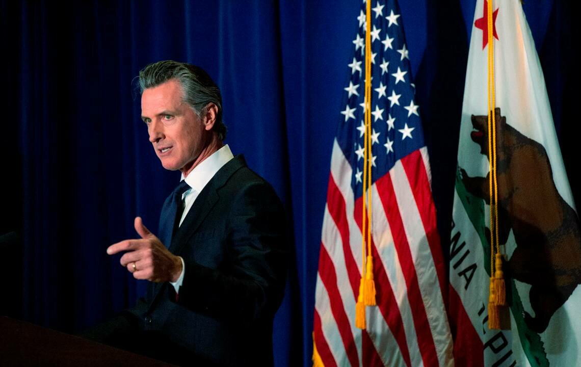 California Gov. Gavin Newsom presents his revised state budget in May in Sacramento. Newsom challenged Florida Gov. Ron DeSantis to a debate after the Republican flew dozens of migrants to Martha's Vineyard. (Lezlie Sterling/Sacramento Bee/TNS)