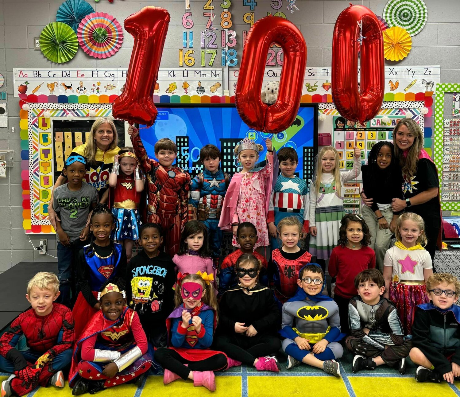Mrs. Adcock’s kindergarten class celebrates the 100th day of school.